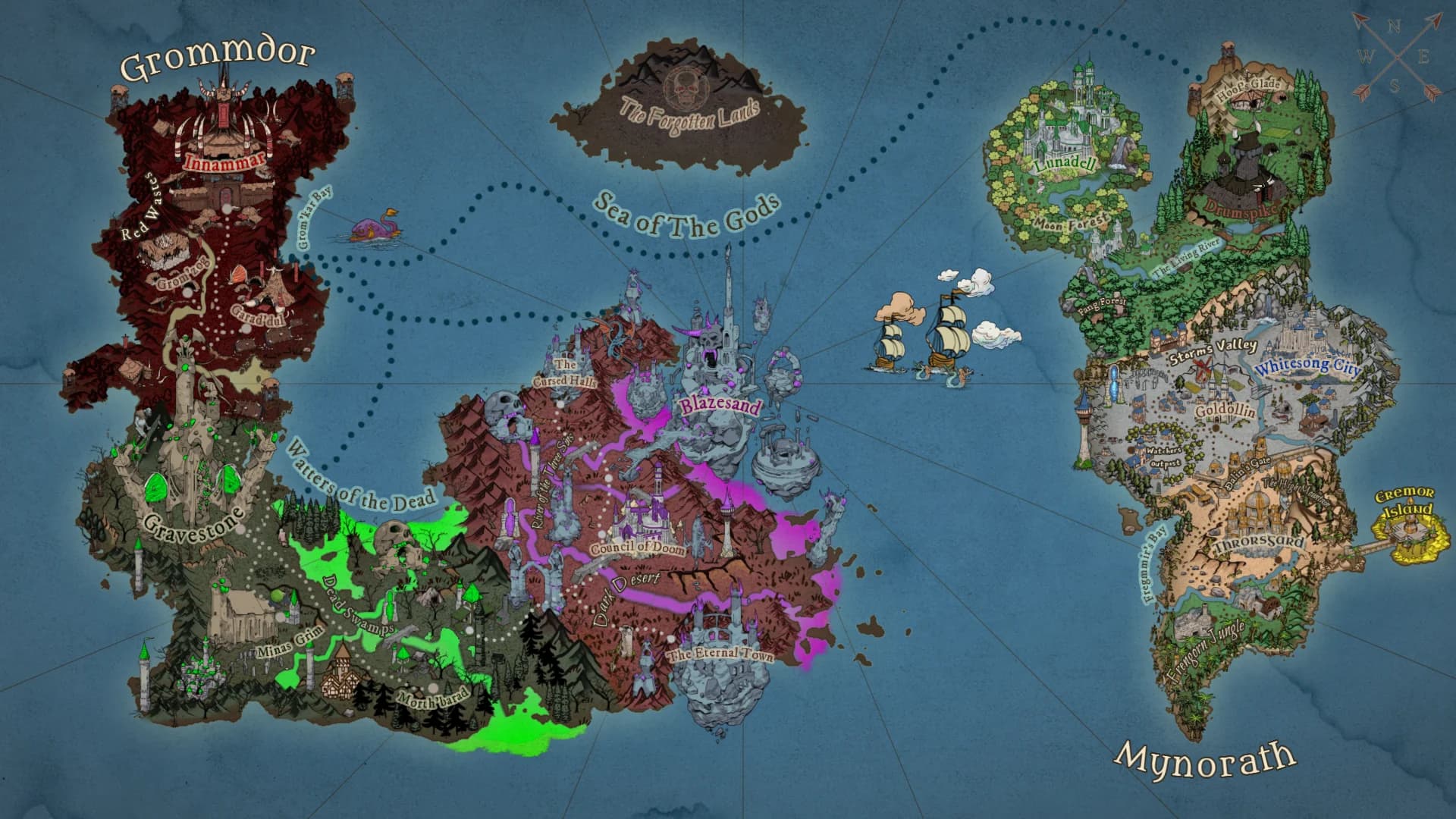 Scars of Honor world map of Aragon showing the continents of Grommdor and Mynorath, the Forgotten Lands and the Sea of The Gods